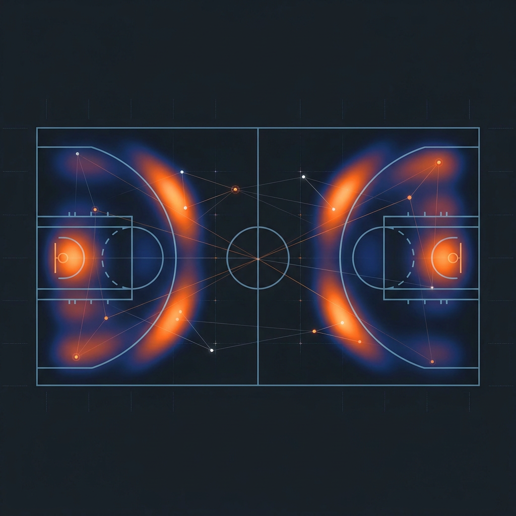 Mapa de calor de una cancha de baloncesto con las zonas de movimiento de los jugadores