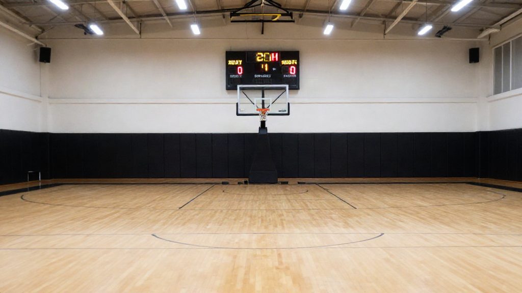 Marcador y reloj de posesion en un pabellon de baloncesto