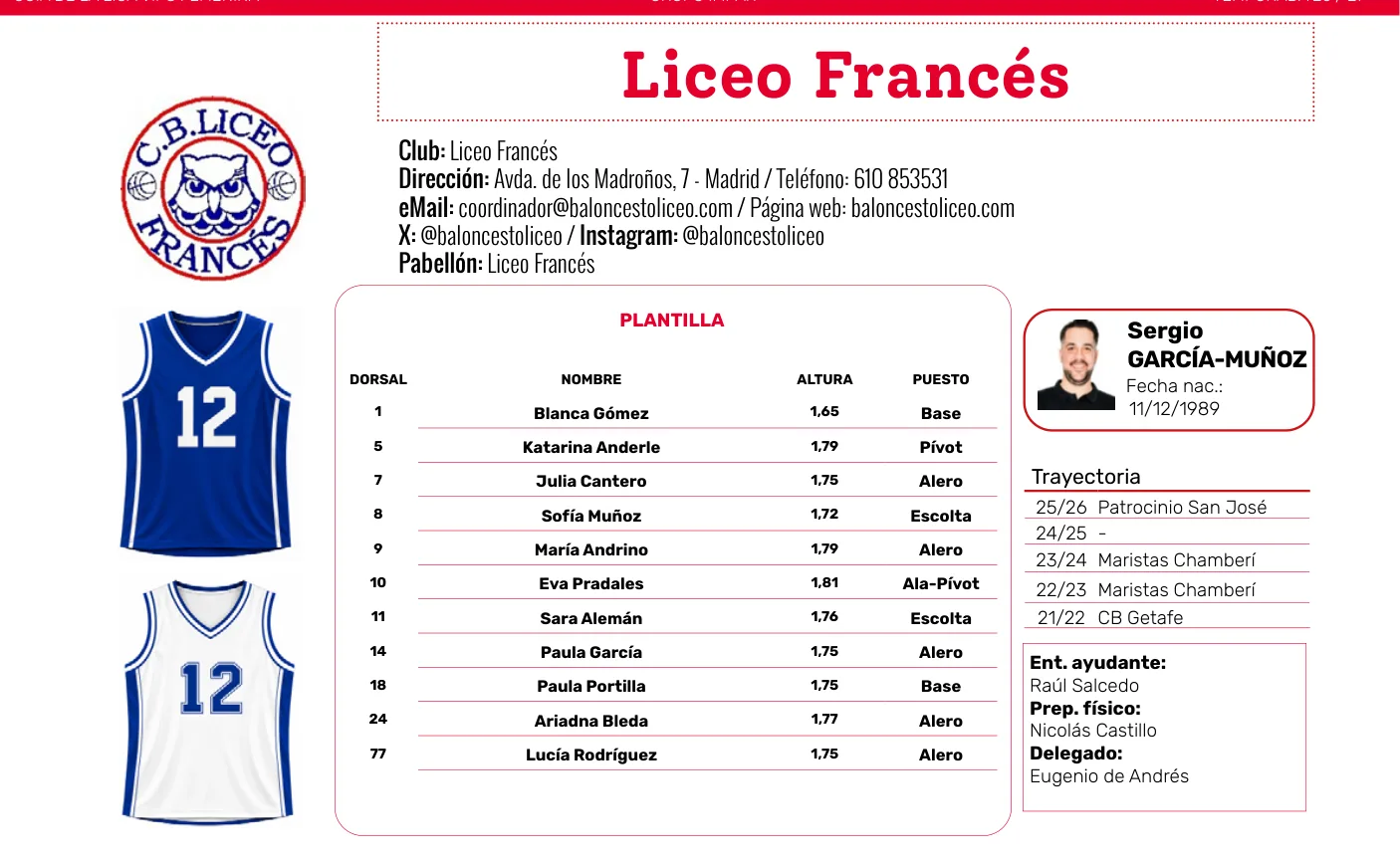 Plantilla de Liceo Francés en la guía de la Liga VIPS femenina 2026/27