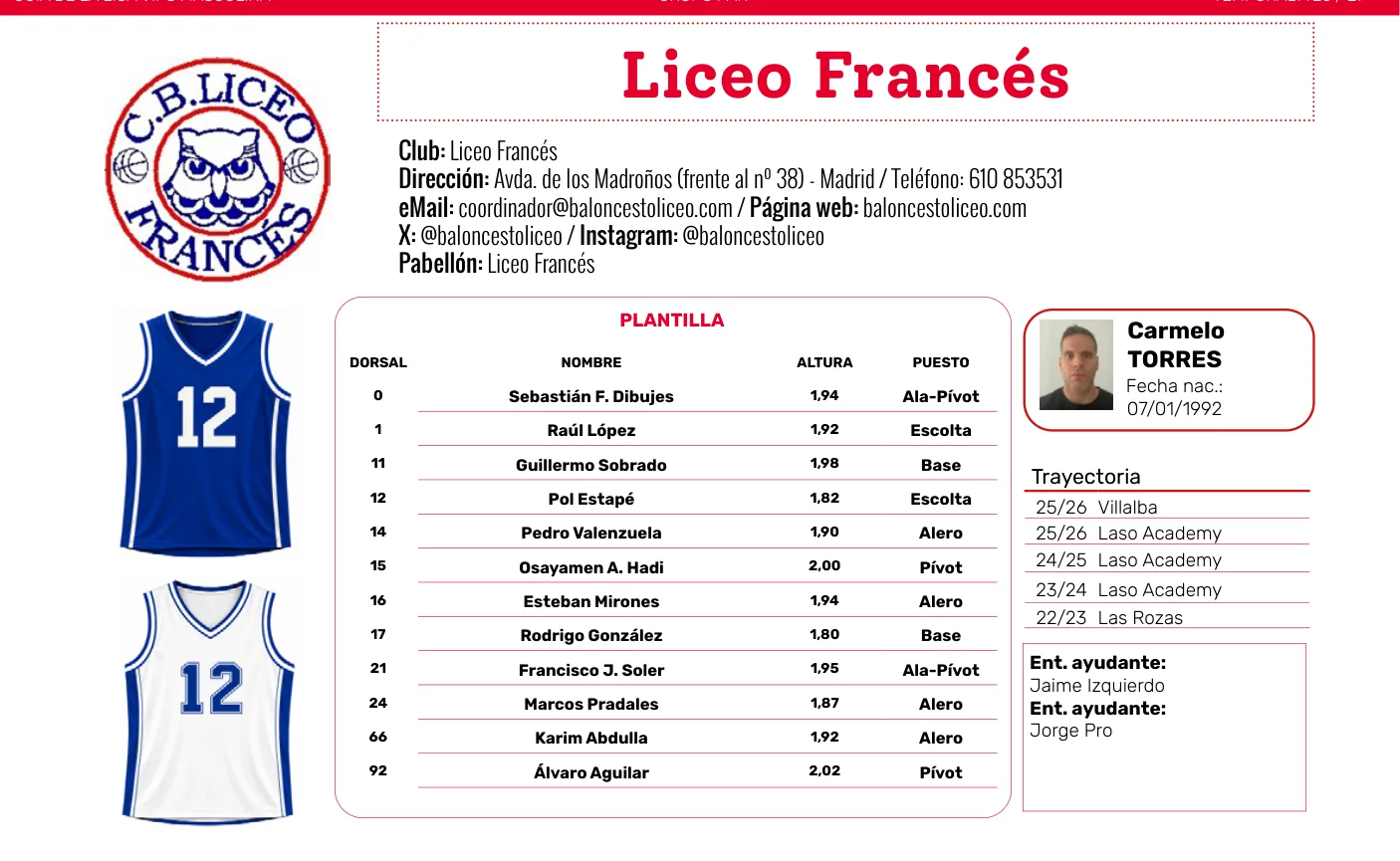 Plantilla de Liceo Francés en la guía de la Liga VIPS 2026/27